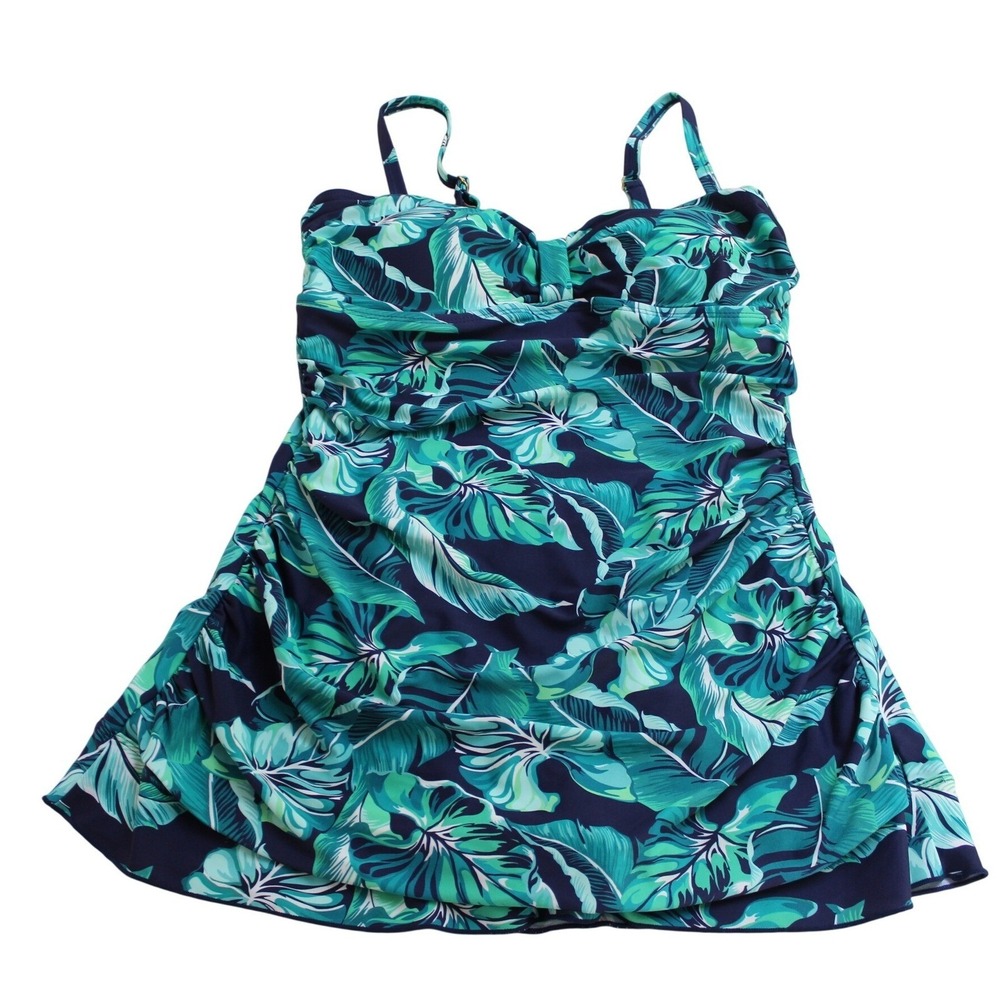 Shore Shapes Swimdress Teal Green Tropical Leaf Ruched Swimsuit Size 12 - Picture 9 of 10